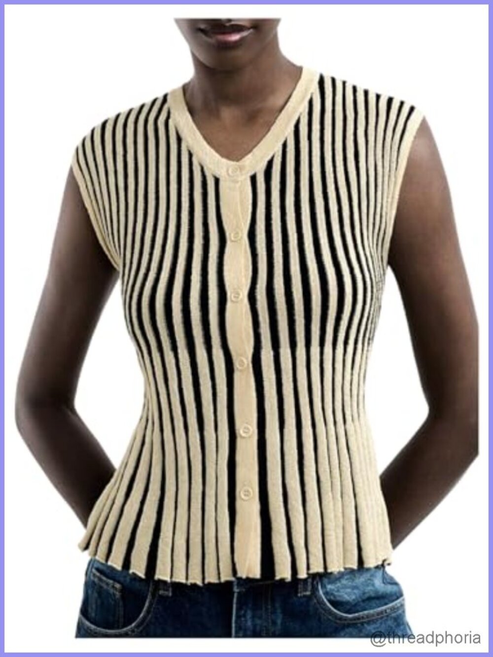 Striped Knit Sleeveless V-Neck Button Front Sweater Vest